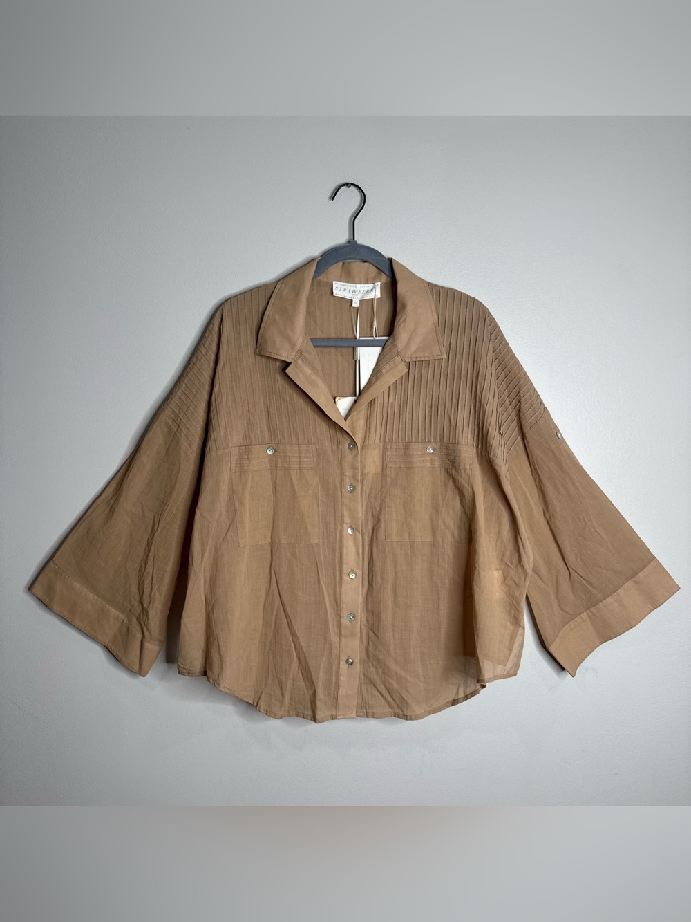 NWT Strawberry Paris Lisa Pintuck 100% Cotton Button Up Blouse Taupe Tan Medium